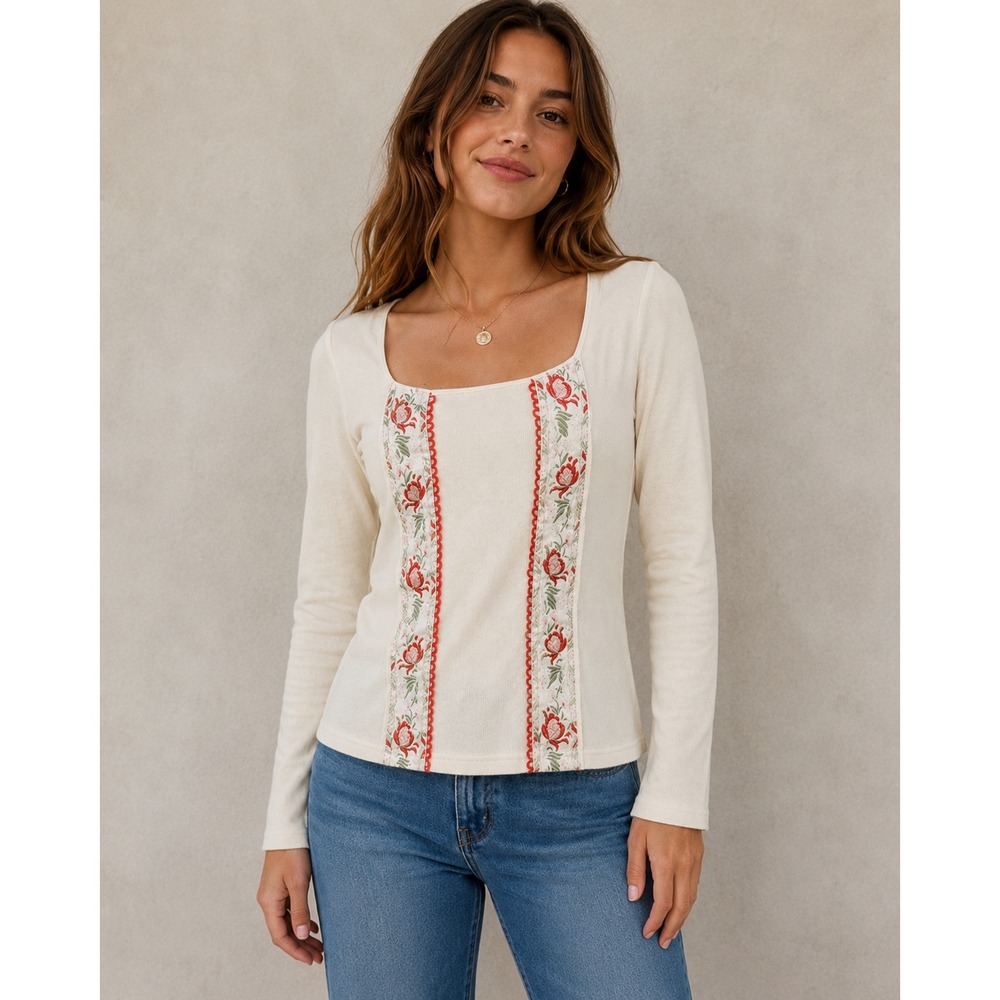 Moda International 90s Cotton Floral Embroidered Cream Ribbed Top Sz Medium Boho